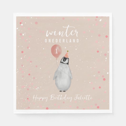 Winter Onederland Pink Balloon Pinguin Birthday Serviette (Vorderseite)