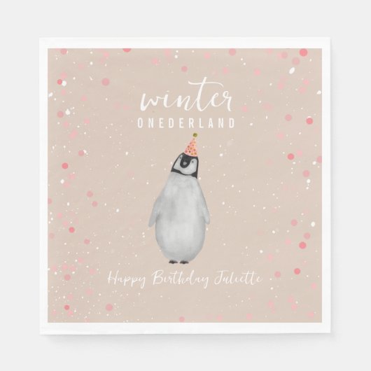 Winter Onederland Pink Birthday Penguin Geburtstag Serviette (Vorderseite)