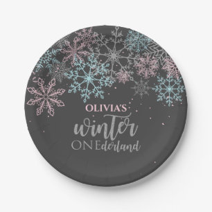 Winter Onederland Pink Blue Silver Glitzer Pappteller