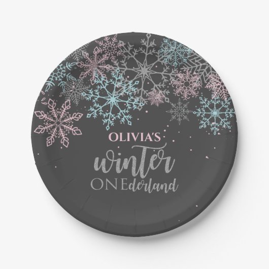 Winter Onederland Pink Blue Silver Glitzer Pappteller (Vorderseite)