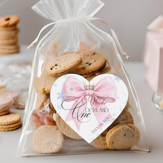 Winter ONEderland Pink Bow 1st Birthday Party Herz-Aufkleber