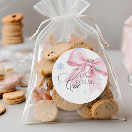 Winter ONEderland Pink Bow 1st Birthday Party Runder Aufkleber