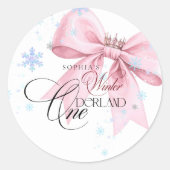 Winter ONEderland Pink Bow 1st Birthday Party Runder Aufkleber (Vorderseite)