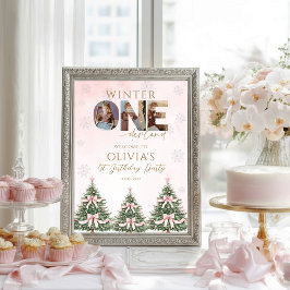 Winter Onederland Pink Bow 1st Birthday Welcome Poster