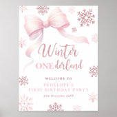 Winter Onederland Pink Bow 1st Birthday Welcome Poster (Vorne)