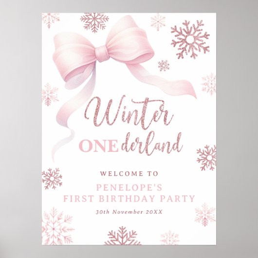 Winter Onederland Pink Bow 1st Birthday Welcome Poster (Vorne)