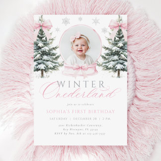 Winter ONEderland Pink Bow Erster Geburtstag Einladung