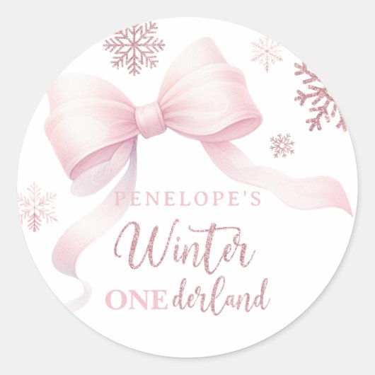 Winter Onederland Pink Bow Girl 1st Birthday Runder Aufkleber (Vorderseite)