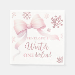 Winter Onederland Pink Bow Girl 1st Birthday Serviette