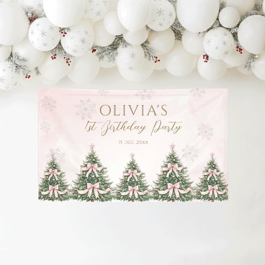 Winter Onederland Pink Bow Pine Trees 1st Birthday Banner