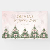 Winter Onederland Pink Bow Pine Trees 1st Birthday Banner (Horizontal)