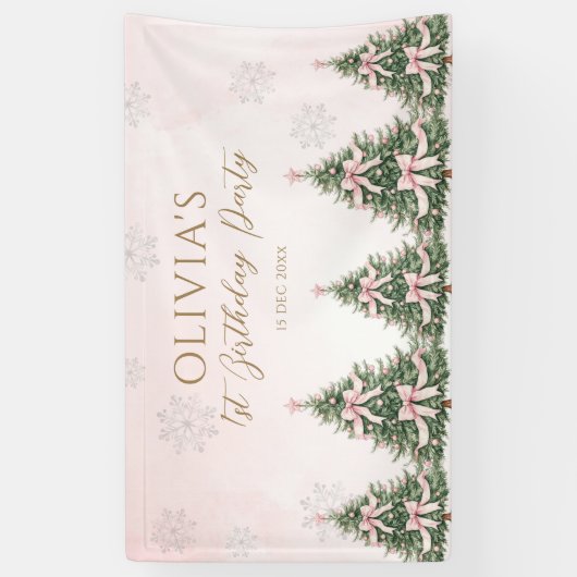 Winter Onederland Pink Bow Pine Trees 1st Birthday Banner (Vertikal)