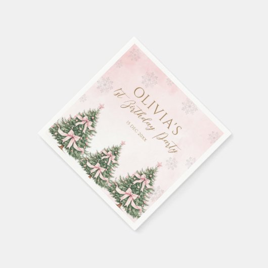 Winter Onederland Pink Bow Pine Trees 1st Birthday Serviette (Ecke)