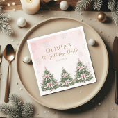 Winter Onederland Pink Bow Pine Trees 1st Birthday Serviette