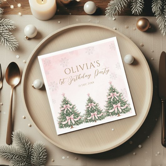 Winter Onederland Pink Bow Pine Trees 1st Birthday Serviette