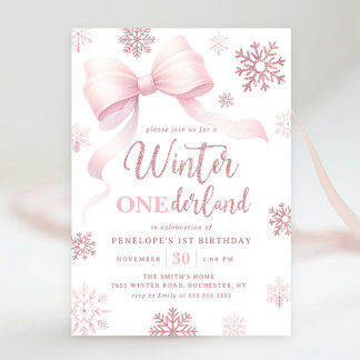 Winter Onederland Pink Bow Snowflake 1. Geburtstag Einladung