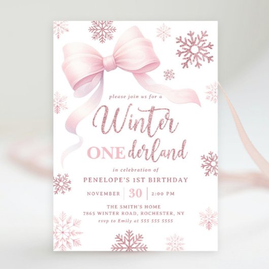 Winter Onederland Pink Bow Snowflake 1. Geburtstag Einladung
