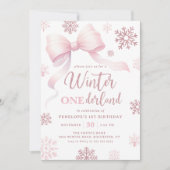 Winter Onederland Pink Bow Snowflake 1. Geburtstag Einladung (Vorderseite)