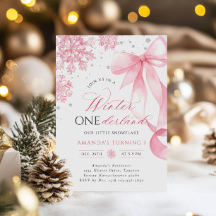 Winter Onederland Pink Bow Snowflake Geburtstag Einladung