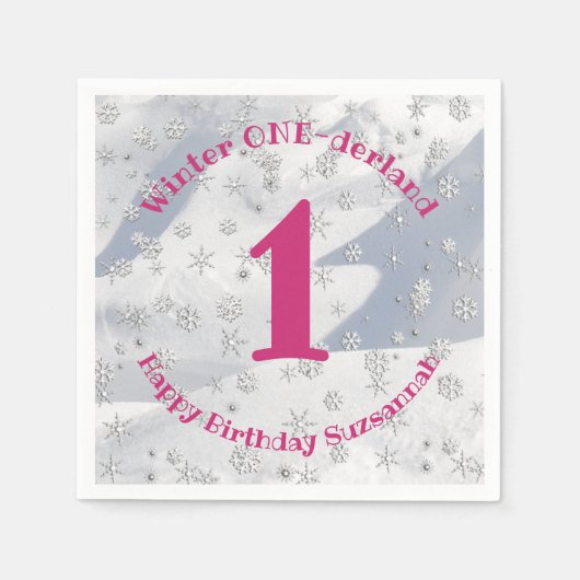Winter ONEderland Pink Erster Geburtstag Schneeflo Serviette (Vorderseite)
