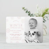 Winter Onederland Pink Foto 1. Geburtstag Einladung (Stehend Vorderseite)