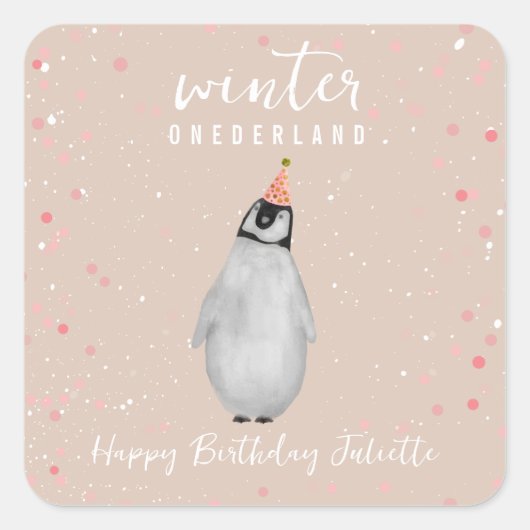 Winter Onederland Pink Geburtstag Pinguin Confetti Quadratischer Aufkleber (Vorderseite)