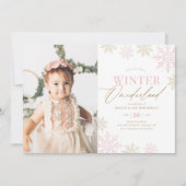 Winter Onederland Pink Glitzer 1. Geburtstag Foto Einladung (Vorderseite)