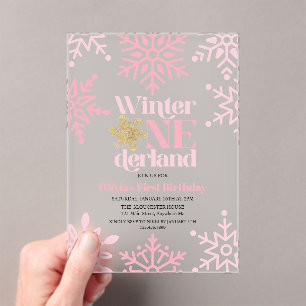 Winter Onederland Pink Gold Schneeflocke 1. Geburt Acryleinladungen