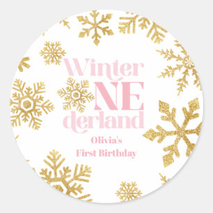 Winter Onederland Pink Gold Schneeflocke 1. Geburt Runder Aufkleber