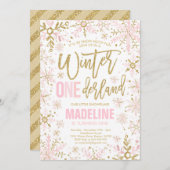Winter ONEderland Pink Gold Snowflake 1. Geburtsta Einladung (Vorne/Hinten)