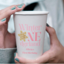 Winter Onederland Pink Gold Snowflake 1. Geburtsta Pappbecher