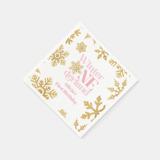 Winter Onederland Pink Gold Snowflake 1. Geburtsta Serviette (Ecke)