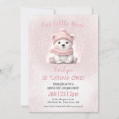 Winter Onederland Pink Polar Bear 1. Geburtstag Einladung (Vorderseite)