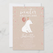 Winter Onederland Pink Polar Bear 1. Geburtstag Einladung (Vorderseite)