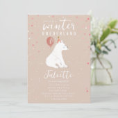 Winter Onederland Pink Polar Bear 1. Geburtstag Einladung (Stehend Vorderseite)