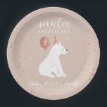 Winter Onederland Pink Polar Bear 1. Geburtstag Pappteller<br><div class="desc">Wintergeburtstag in Onederland mit Eisbär mit rosa Ballon in rosa Party, hellrosa Hintergrund mit Schneefach und Konfetti.</div>