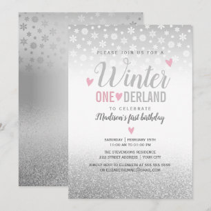 Winter Onederland Pink Silber 1. Geburtstag Einladung