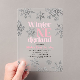 Winter Onederland Pink Silber Schneeflocke Geburts Acryleinladungen