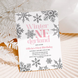 Winter Onederland Pink Silber Schneeflocke Geburts Einladung