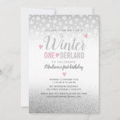 Winter Onederland Pink Silver 1. Geburtstag Einladung (Vorderseite)