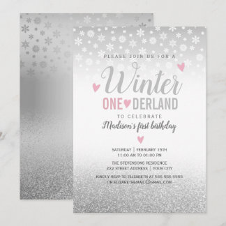 Winter Onederland Pink Silver 1. Geburtstag Einladung