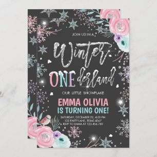 Winter ONEderland Pink Silver Black Erster Geburts Einladung