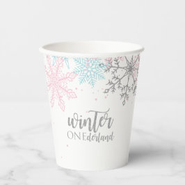 Winter Onederland Pink Silver Blue Snowflakes Pappbecher