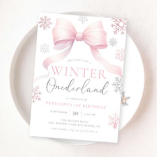 Winter Onederland Pink Silver Bow 1. Geburtstag Einladung