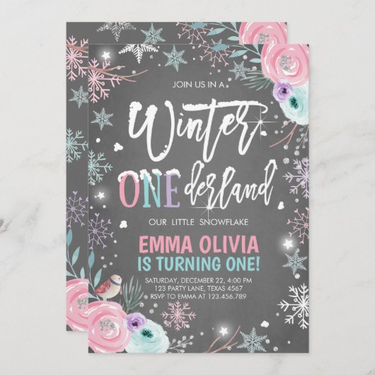 Winter ONEderland Pink Silver Erster Geburtstag Einladung (Vorne/Hinten)