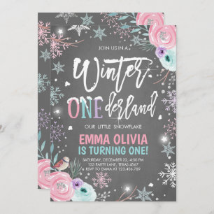 Winter ONEderland Pink Silver Erster Geburtstag Einladung