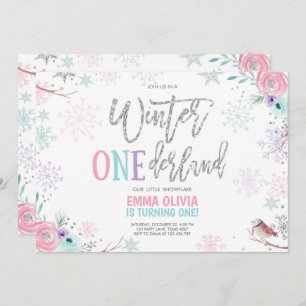 Winter ONEderland Pink Silver Floral 1. Geburtstag Einladung