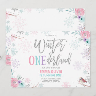 Winter ONEderland Pink Silver Floral 1. Geburtstag Einladung