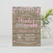 Winter Onederland Pink Silver Girl 1. Geburtstag Einladung (Stehend Vorderseite)