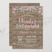 Winter Onederland Pink Silver Girl 1. Geburtstag Einladung (Vorne/Hinten)